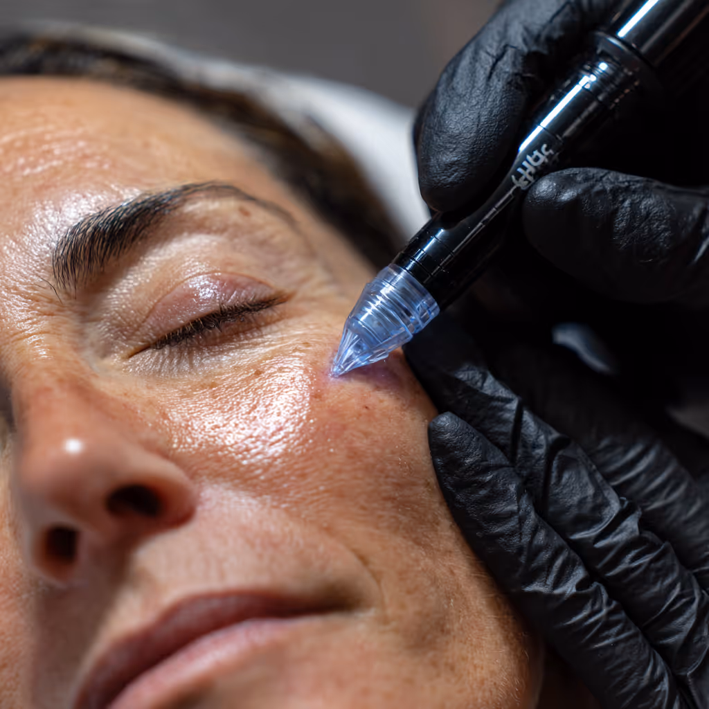 Close-up of a woman receiving a cosmetic microneedling treatment on her cheek by a professional wearing black gloves.