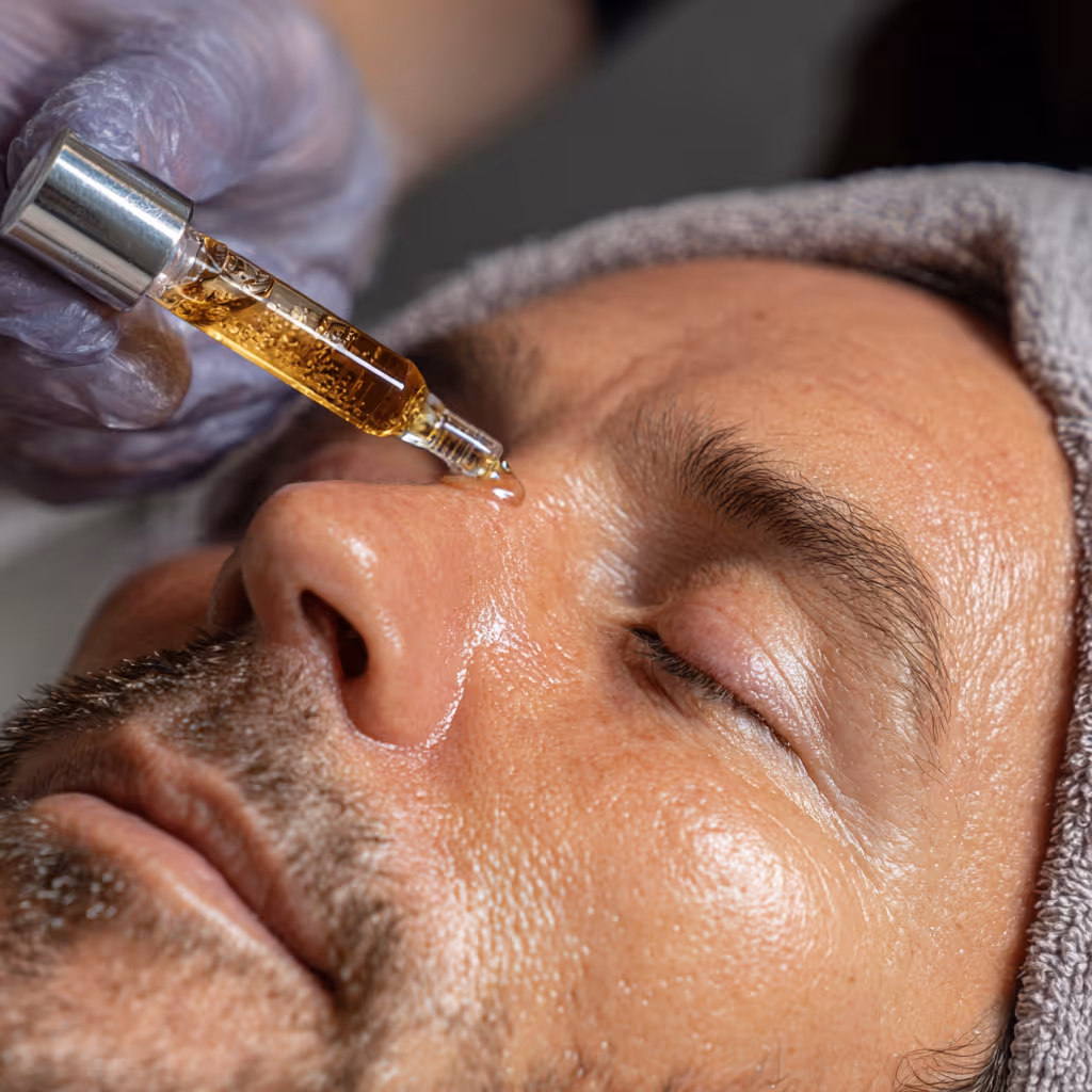 Man receiving a drop of facial serum near his eye from a gloved hand holding a glass dropper.